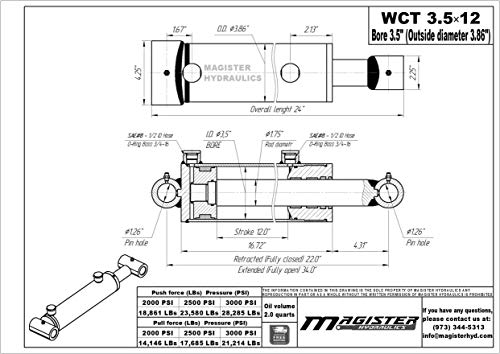 Image of Magister Hydraulic Cylinder 3.5 inch Bore x 12 inch Stroke, Welded Hydraulic Ram with Cross Tube Ends, Double Acting Hydraulic Piston 3500 PSI (WCT 3.5x12)