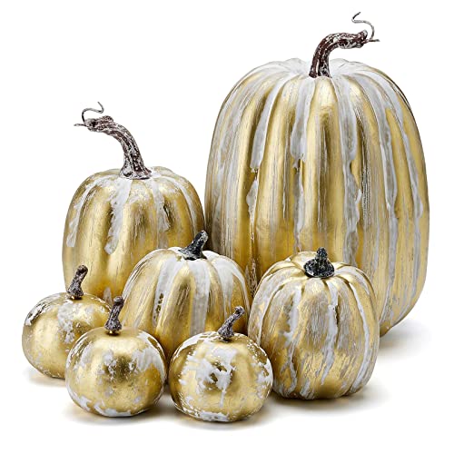 7Pcs Assorted Artificial Pumpkins Harvest Decorative Pumpkins Foam Pumpkins for Farmhouse Rustic Fall Thanksgiving Halloween Tabletop Shelf Kitchen Decoration (A-Gold White, One Size)