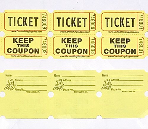 100 Yellow Colored Raffle Tickets Double Roll 50/50 Carnival Fair Split The Pot One Hundred Consecutively Numbered Fundraiser Festival Event Party Door Prize Drawing Perforated Stubs