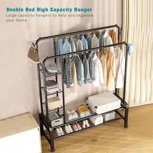 Image of LEOPAX Heavy Duty Metal Double Rod Clothe Rail, 5-Tier Coat Garment Rack with 4 Side Hooks, Multipurpose Cloth Stand for Bedroom, Livingroom, Hallway - (Black, 120 x 45 x 160cm)