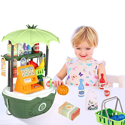 Toy Cash Register for Kids Mini Shopping Cart Portable 49PCS Grocery Store Pretend Play Money and Food Boxes Accessories Preschool Educational Interactive Learning Toys Toddles' Birthday Gifts