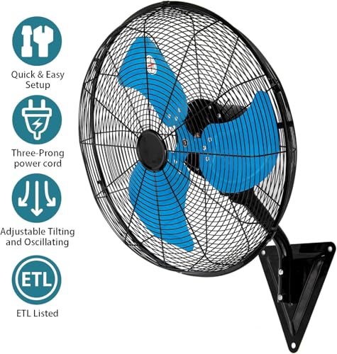 Image of AZOUTDOOR 20 inch Wall Mount Fan, 7000 CFM High Velocity Industrial Wall Fan with 3-Speed Setting, 120 Oscillating Mounted Fans for Warehouse, Workshop, Garage, Patios, Commercial Use ETL Listed, Blue