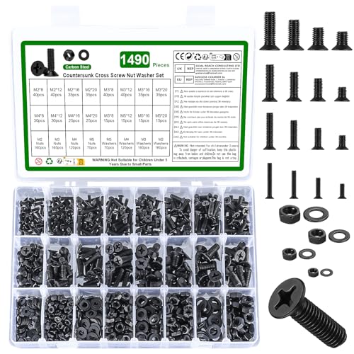 1490 Pcs Kit Assortiment Vis M2 M3 M4 M5 et Écrous, Boulons à Tête Fraisée Cruciforme avec Rondelles Noires