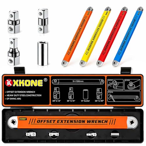XKONE Offset Extension Wrench – Zero-degree Swing for Tight Spaces,3/8' Socket Extender Tool with 1/4',3/8',1/2' Square Drive Adapters and 1/4' Socket.