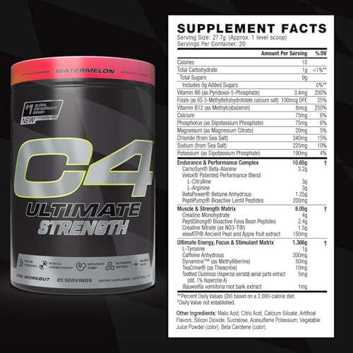 Image of Cellucor C4 Ultimate Strength Pre Workout Powder - Tri-Stim Experience 300mg Caffeine+TeaCrine+Dynamine - Creatine & Beta-Alanine - Energy Supplement for Men & Women - Watermelon, 20 Servings