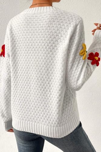 Women's White Colorful Flower Applique Textured Knit Sweater3