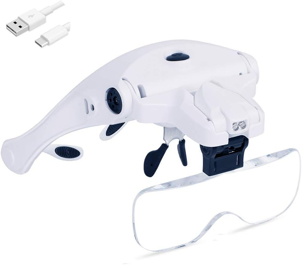 Headband Magnifying Glasses, Rechargeable Head Magnifier Glasses with 2 LED Lights, Interchangeable Eyeglass Magnifier for Reading Jewelers Close Work 1.0X, 1.5X, 2.0X, 2.5X, 3.5X