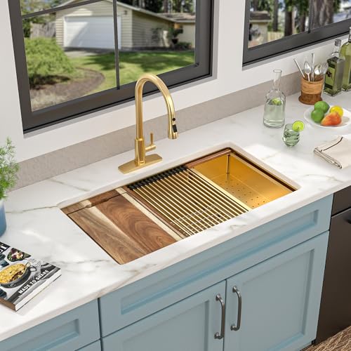 Image of 33 Undermount Kitchen Sink Gold - Fulorni 33 inchx19 inch Kitchen Sink Brushed Gold NANO-PVD Ledge Workstation 16 Gauge 304 Stainless Steel Under Counter Single Bowl Basin