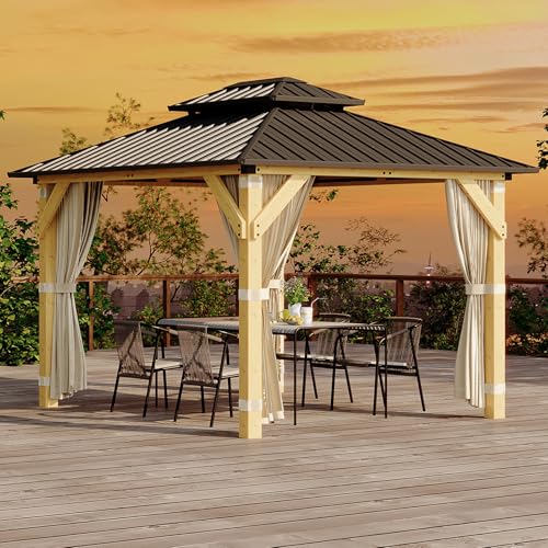 Garvee 10x12 ft Hardtop Gazebo with Nettings and Curtains, Wood Grain Heavy Duty Double Roof Galvanized Steel Outdoor Combined of Vertical Stripes Roof for Patio, Backyard, Deck, Lawns, Khaki - Image 2