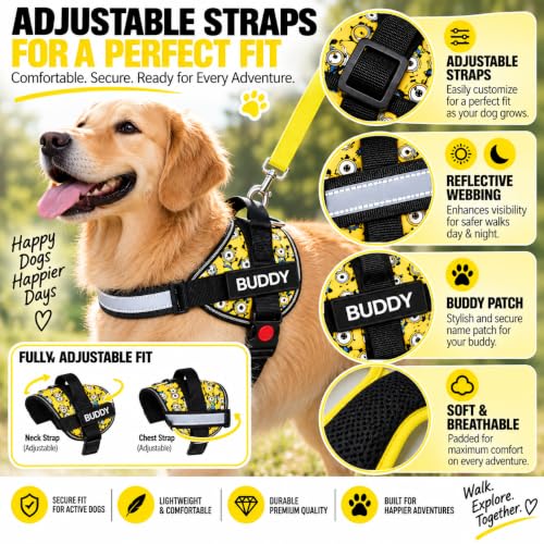 Image of Yellow Fun Print Dog Vest Harness with Leash, No Pull & Reflective