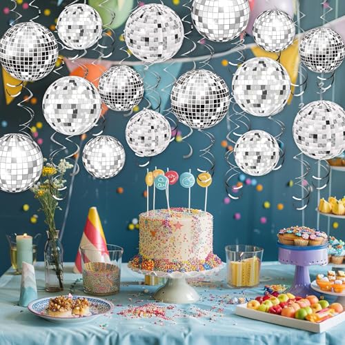 Image of 54 Pieces Disco Party Decorations Sliver Disco Ball Hanging Swirls 70s Ceiling Decor for 70s Fever Birthday Party Supplies