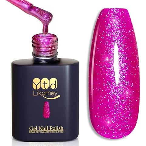 YTD Likomey Gel Nail Polish,15ml Hot Pink Glitter UV Nails Gel Varnish,Shimmer Shiny Sparkly Salon Home DIY UV Manicure Nail Art Varnish,SF406 Cover