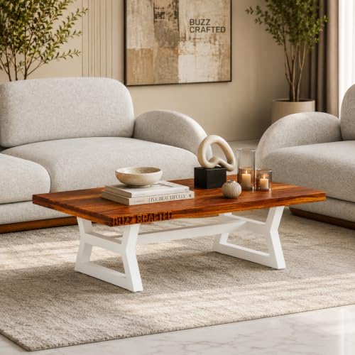 Image of Coffee Table, Solid Sheesham Wood, Brown & White | Solid Sheesham Wood