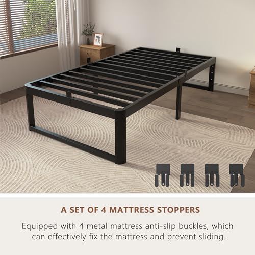Image of ZTH Twin Size Metal Platform Bed Frame 16 in, No Box Spring Needed, Black | Heavy duty support, Underbed storage, Noise-free design, Anti-slip clips, Rounded legs, Easy assembly, Headboard compatible