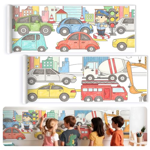 118 x 15 Giant Sticky Coloring Paper Roll for Kids Ages 4-8 Perforated for Easy Tearing Drawing Rolls DIY Sticky Coloring Paper Roll for Kids Ages 4-8 Transportation-Themed Drawing Rolls