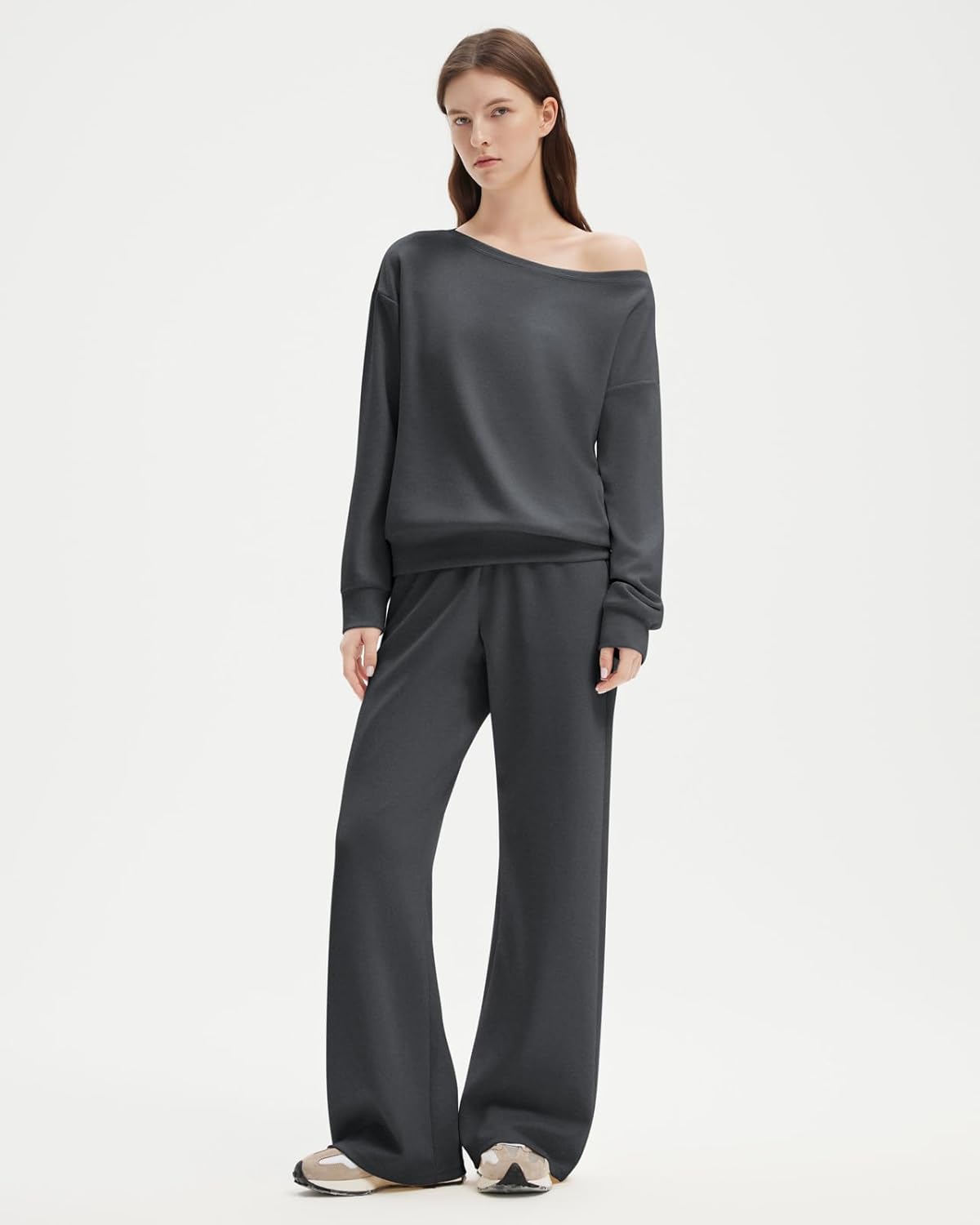 SUUKSESS Women 2 Piece Lounge Matching Set Off Shoulder Sweatshirt Wide Leg Sweatpant - Image 2