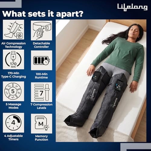 Image of Lifelong Air Compression Leg & Foot Massager Machine for Pain Relief | 4000mAh Cordless Feet Massager with 240mmHg Pressure & 5Air Chambers | 2 Controllers, 7Intensities, 5Modes for Muscle Relaxation