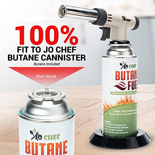Jo Chef Pro Butane Torch Lighter - Refillable Butane Torch Head, Hand Held Small Butane Torch With Adjustable Flame - Culinary Blow Torch, Creme Brulee Torch, Baking, Bbq, Including 3 Butane Canisters #TOP2