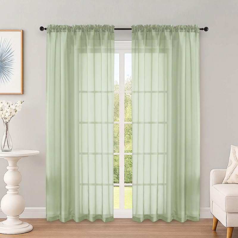 OWENIE Light Green Sheer Curtains 72 Inches 2 Panels for Living Room