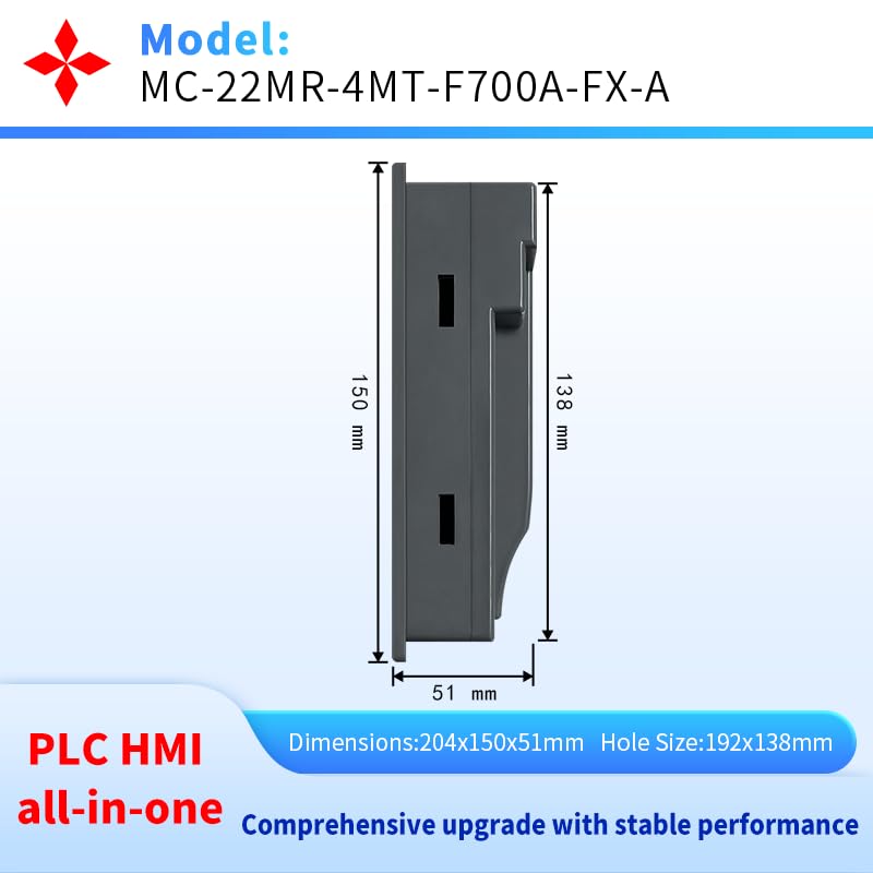 7 Inch PLC HMI All in One Integrated Programmable Logic Controller, 12 Input 10 Relay Output, 2 High Speed Input & Output 100KHz (22MR-F700-FX-A)