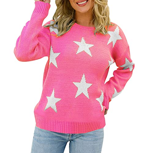 Cocila Ladies Lightweight Knit Jumper Women Long Sleeve Sweater Casual Elegant Round Neck Star Pattern Plus Size Knit Sweater Top Summer Sweatshirts for Women (Pink, L)