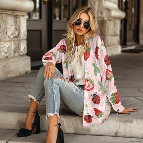 Image of Forchrinse Red Ladybug Cardigan for Women Causal Long Sleeve Open Front Cardigans Sweater Fashion 2024 Fall Coat with Pockets