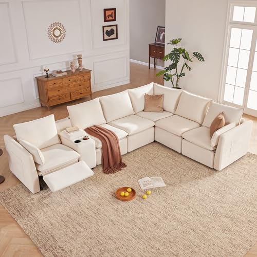 Reedvales 6-Seater Power Reclining Sectional Sofa Set with Storage Console, Wall-Hugger Recliner Sectional Couch with Cup Holders, Reclining Sectional Couch for Living Room (Chenille, Beige)