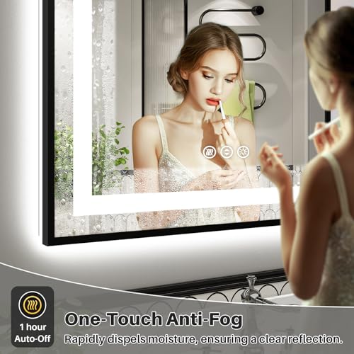 Image of 55x30 Inch LED Bathroom Mirror with Black Frame, Backlit & Front Lit, Anti-Fog Lighted Bathroom Vanity Mirror for Wall, Memory Function, Dimmable, HD Tempered Glass, Shatter-Proof