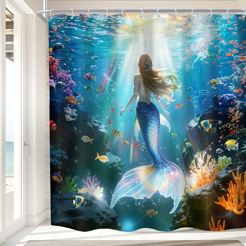 Imirell Undersea Mermaid Shower Curtain 72Wx72H Inches Beautiful Blue Ocean Sea Tropical Fish Coral Reef Sunshine Fantasy Marine Girls Kids Fabric Waterproof Polyester with 12 Pack Hooks Plastic