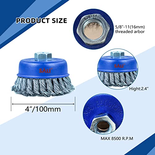 Image of SALI 18 Pack Wire Cup Brush, 4 Inch Twisted Knotted Cup Brush for Grinders, with 5 /8 Inch-11 Arbor for Heavy Cleaning Rust, Stripping and Abrasive, for Angle Grinder