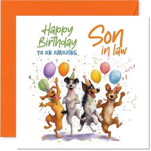 Playful Birthday Card for Son in Law Dogs Having a Birthday Bash