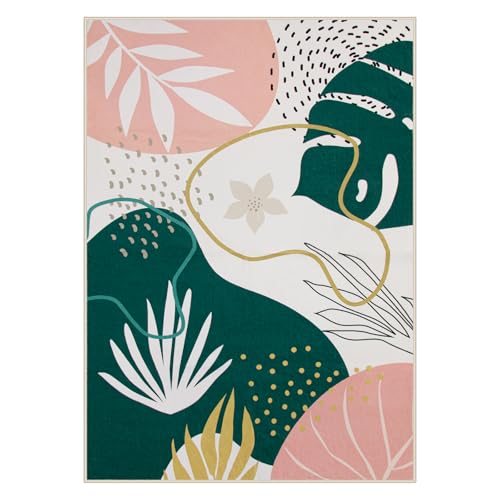 Lahome Washable 8x10 Rug - Non-Slip Living Room Rugs 8x10 Ultra-Thin Large Soft Bedroom Rugs, Boho Botanical Print Indoor Stain Resistant Floor Rug for Dining Room Table Office (8'x10',Green/Pink)