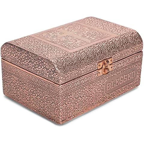 Cottage Garden Blessed Copper Tone Metal Stamped Round Top Trunk Keepsake Box Cover