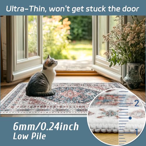 Madane Washable Area Rug 2x3, Small Entryway Rug Non-Slip Vintage Door Mat Indoor Entrance, Low Pile Floor Carpet for Inside Front Door Bedroom Kitchen Entry Laundry (2'x3', Navy Blue)