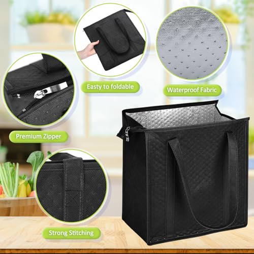Locmeo 10 Pcs Insulated Shopping Bags For Groceries Large Reusable Cooler Bags Thermal Totes With Zippered Top For Hot Cold Food Delivery Refrigerator Pizza(Black) - Thumbnail 4