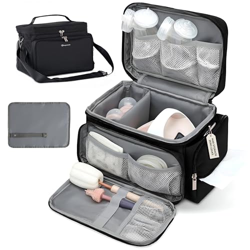 Image of Breast Pump Bag Fit for Spectra S1 and S2, Wearable Breast Pump Bags with Milk Pack, Pumping Bag with Waterproof Mat for Pump Accessories, Bottle Bags for Travel and Family, Black