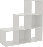 Vista 3 de Ladder Cube Storage Bookcase - Wooden L-Shaped 3-Tier Corner Shelf, Reversible 6-Cube Organizer for Home & Office, White