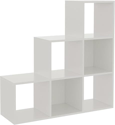 Miniatura 3 de Ladder Cube Storage Bookcase - Wooden L-Shaped 3-Tier Corner Shelf, Reversible 6-Cube Organizer for Home & Office, White