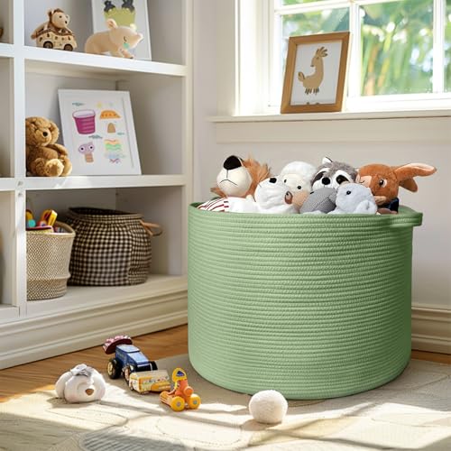 Image of MEGASKET 115L Oversized Green Basket, 23.6 inchx15.7 inch Woven Cotton Rope Bin for Blankets, Nursery Wicker Laundry Hamper, Kids Toy Storage Bin, Sage Green Living Room Bedroom Decor Baskets for Organizing