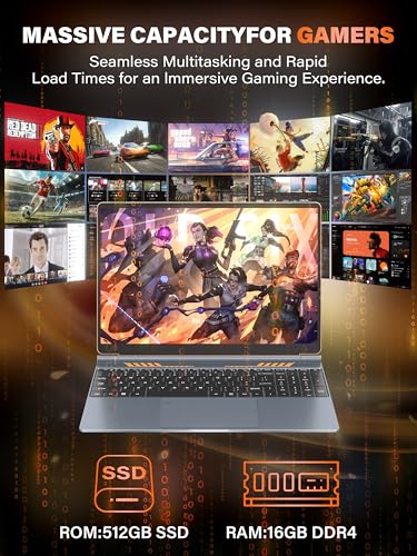 Image of 16 Inch Business Laptop Computer for Students & Professionals,4-Core Processor, 16:10 FHD IPS Display, 16GB RAM 512GB SSD, Backlit Keyboard, Fingerprint, Win 11 Pro, Gray with Orange Accents