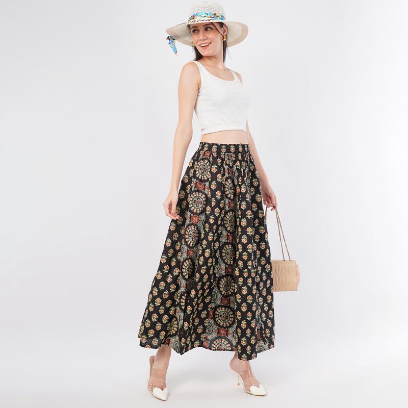 Rabhika Women’s Black Pure Cotton Patterned Maxi Skirt, Comfortable Long Skirt for Everyday, Office & Casual Wear| 2XL 1