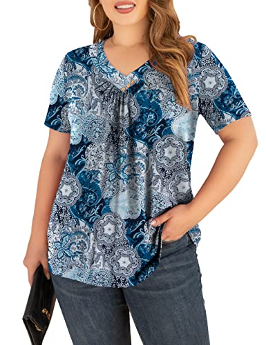 FOLUNSI Women’s Plus Size Short Sleeve Henley Shirt V Neck Floral Blouses Tunic Tops M-4XL3