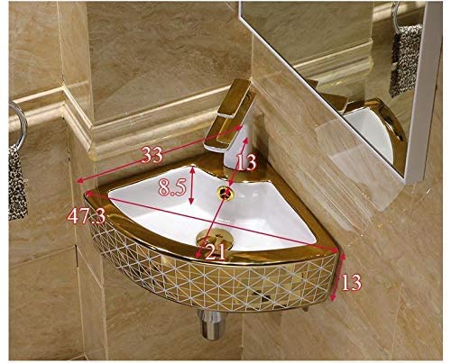 Image of BASSINO 13x17x5 Inches Ceramic Wall Mount Wash Basin /1 Year Warranty /Triangle Tabletop Basin for Bathroom /Above Counter Sink for Dining Hall /Living Room /Hotel /Office(White & Gold Finish)
