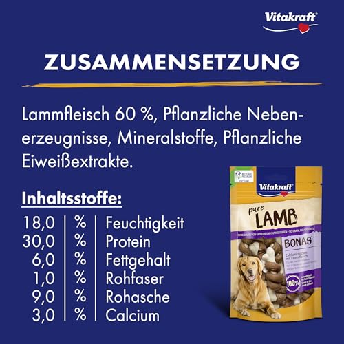 Vitakraft Pure Lamb Bonas, Hundeleckerli, Calciumknochen mit Lammfleisch, Hunde Trainingsleckerli, ohne Zusatz von Zucker (8x 80g)