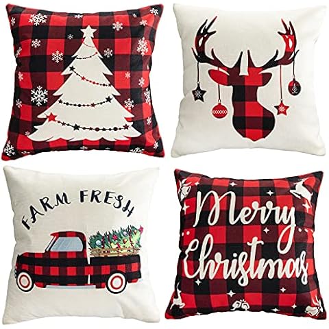 CBCYBER Christmas Throw Pillow Covers 18 x 18 Set of 4 Buffalo Plaid Decorative Cushion Cover Pattern Pillow Case Square with Zipper Cover