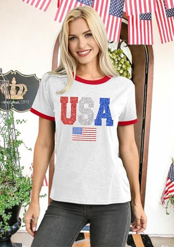 Image of Ithalt Women 4th of July Shirt Fourth of July Shirts USA Sequin Tshirt American Patriotic T-Shirt Stripes Tee Tops