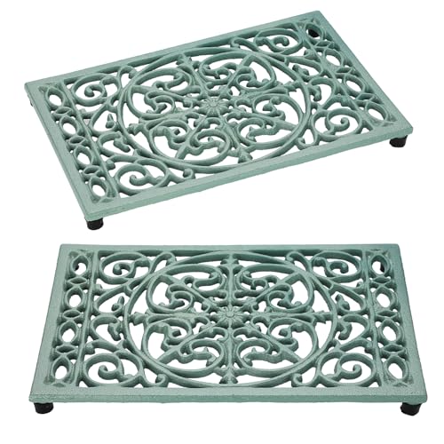 SUMTree 2 Pack Heavy Duty Retangle Cast Iron Trivets, Decorative Trivet Mat Hot Pot Holder Pads for Kitchen or Dining Room Worktops, 24.3 * 16 * 1.9cm (Green)