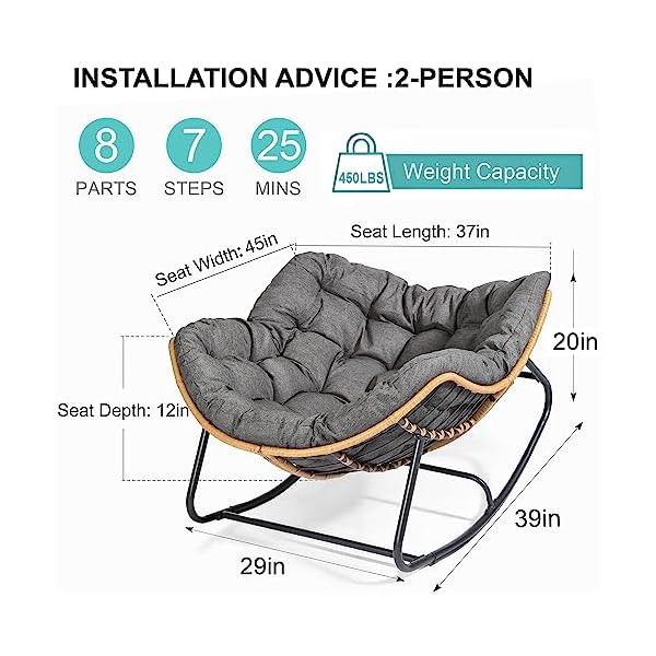 Switte outdoor rocking chair patio egg rocking chair indoor papasan chair rattan wicker lounge chair modern royal chair for bedroom living room porch garden lawn dark grey  urban country home decor