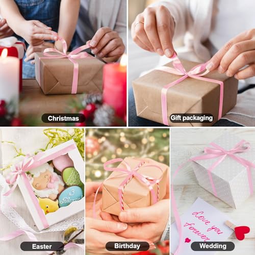 Pink Ribbon, 1/4inch 50 Yards Fabric Satin Ribbon for Gift Wrapping Floral Flower Bows Bouquet Arrangement Crafts Hair, for Every Holiday Presents Decorative Ribbons