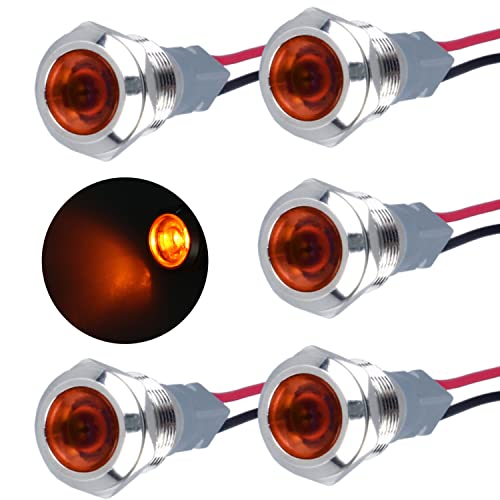 DMWD 5 Pcs 12V-24V 20mA Energy Saving LED Indicator Light Mounting Hole 12mm (0.47) Waterproof with 15cm/5.9in. Wire for Car Truck Boat LED (Yellow)